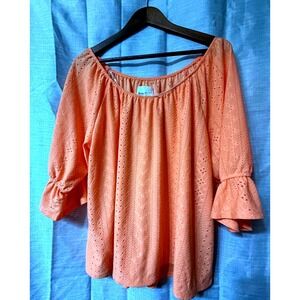 New York Laundry Eyelet Blouse Bell Sleeve 3/4‎ Top Orange Women's XL